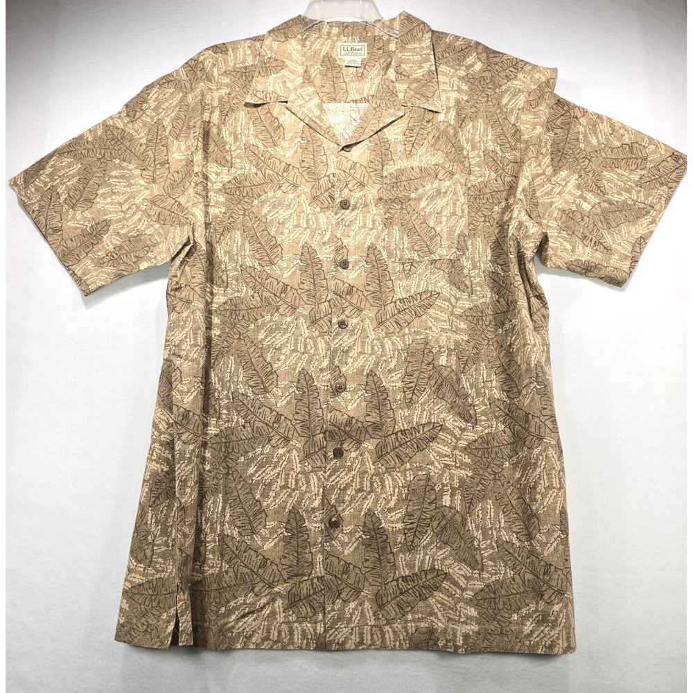LL Bean Mens XXL Tall Cotton Tropical Leaf Camp Shirt Tan Brown Short Sleeve